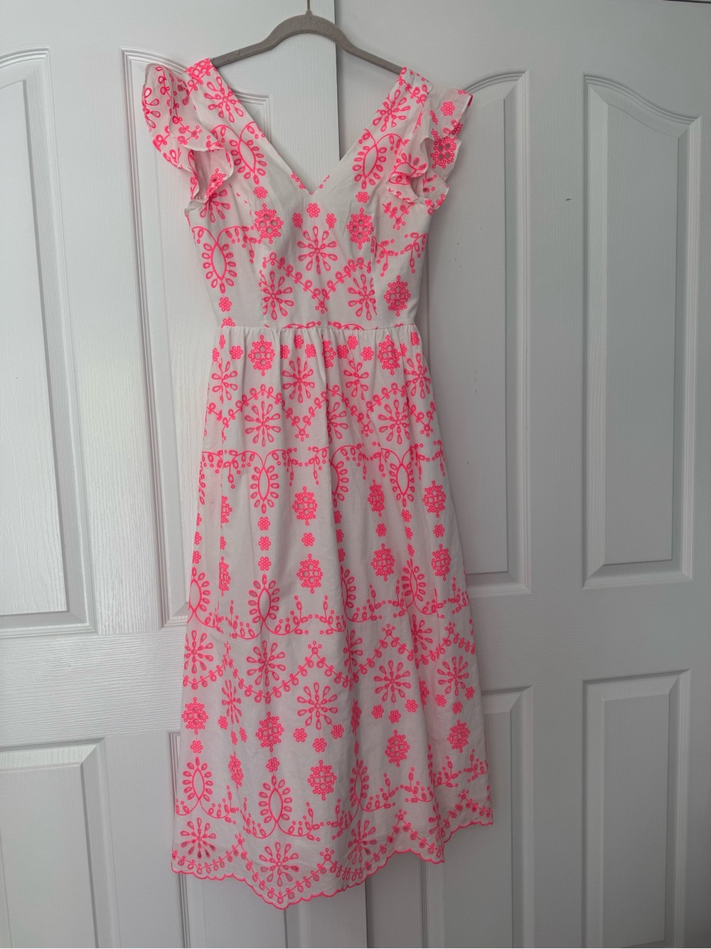 Lilly Pulitzer White Dress with Neon Pink Embroidery - Ruffle V-Neck cute back